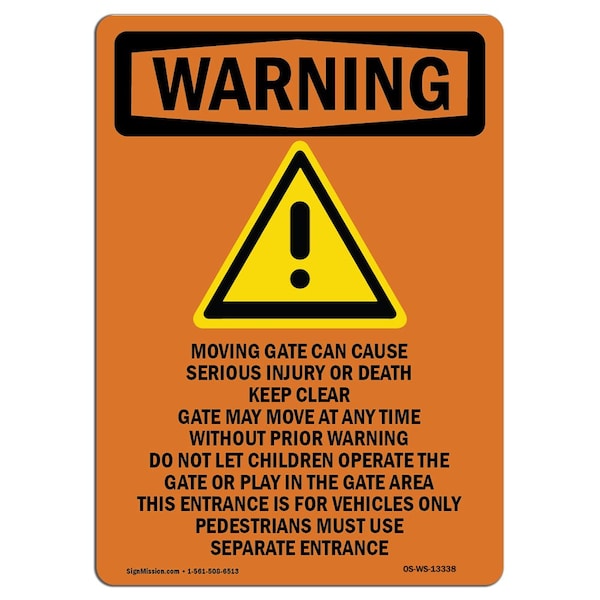 Safety Sign, OSHA WARNING, 5" Height, Moving Gate Can Cause, Portrait, 10PK